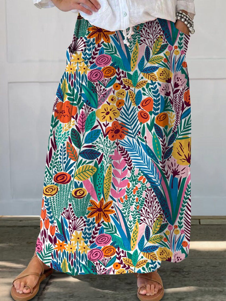 Women's Floral Wallpaper Linen Pocket Skirt-DESTINY