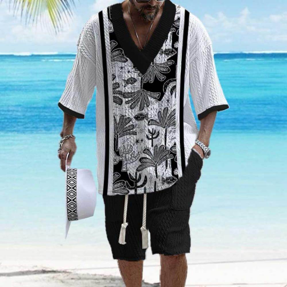 Men's Printed Short Sleeve Shorts Textured Set 59037500YY-DESTINY