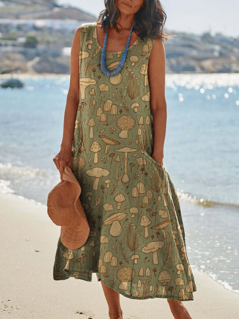 Assorted Wild Mushrooms Repeat Pattern Printed Women's Pocket Pinafore Linen Dress-DESTINY