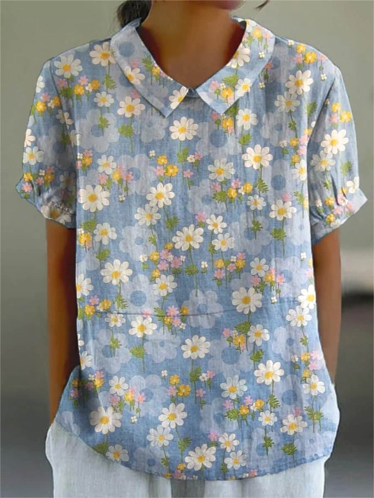 Women's Retro Flower Art Print Casual Cotton And Linen Shirt-DESTINY