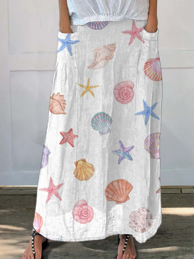 Summer Vibe Sea Shell Repeat Pattern Printed Women's Linen Pocket Skirt-DESTINY