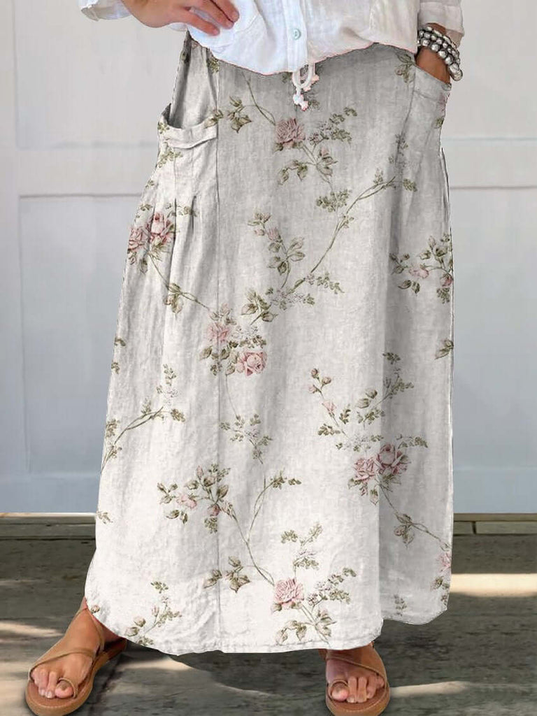 Elegant Vintage Rose Print Women's Linen Pocket Skirt-DESTINY