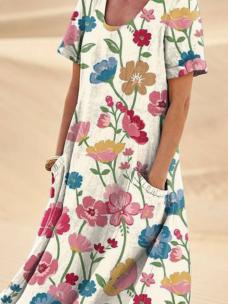 Women's Elegant Flowers Art Print Casual Linen Pocket Dress-DESTINY