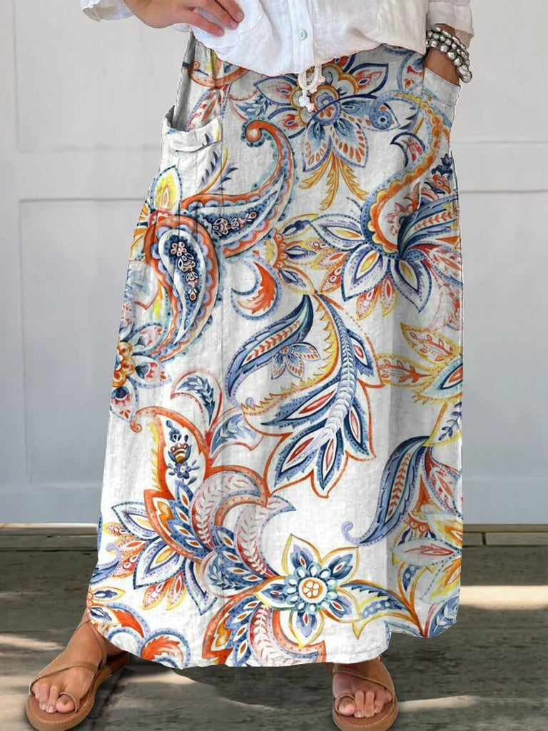 Colorful Cashew Flower Print Women's Linen Pocket Skirt-DESTINY