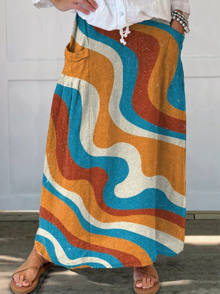 Women's Simple Color Splicing Casual Print Linen Pocket Skirt-DESTINY