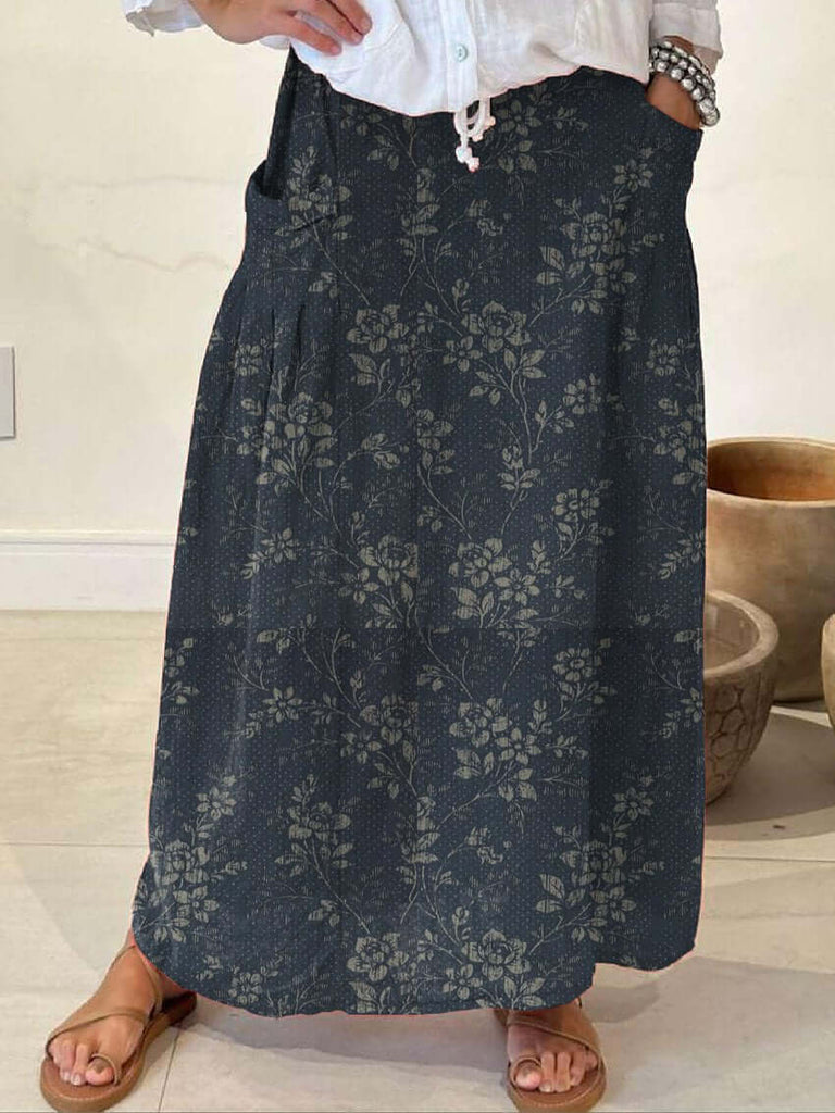 Women's Vintage Floral Linen Elastic waistband Pocket Skirt-DESTINY