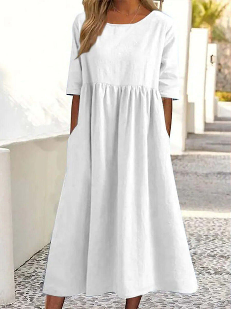Cotton And Linen-like - Casual Short Sleeve Pocket Pleated Loose Round Neck Dress-DESTINY