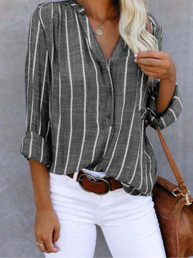 Women‘s Long Sleeve Blouse Ladies Fashion V-Neck Stripe Shirt-DESTINY