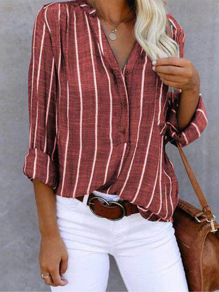 Women‘s Long Sleeve Blouse Ladies Fashion V-Neck Stripe Shirt-DESTINY