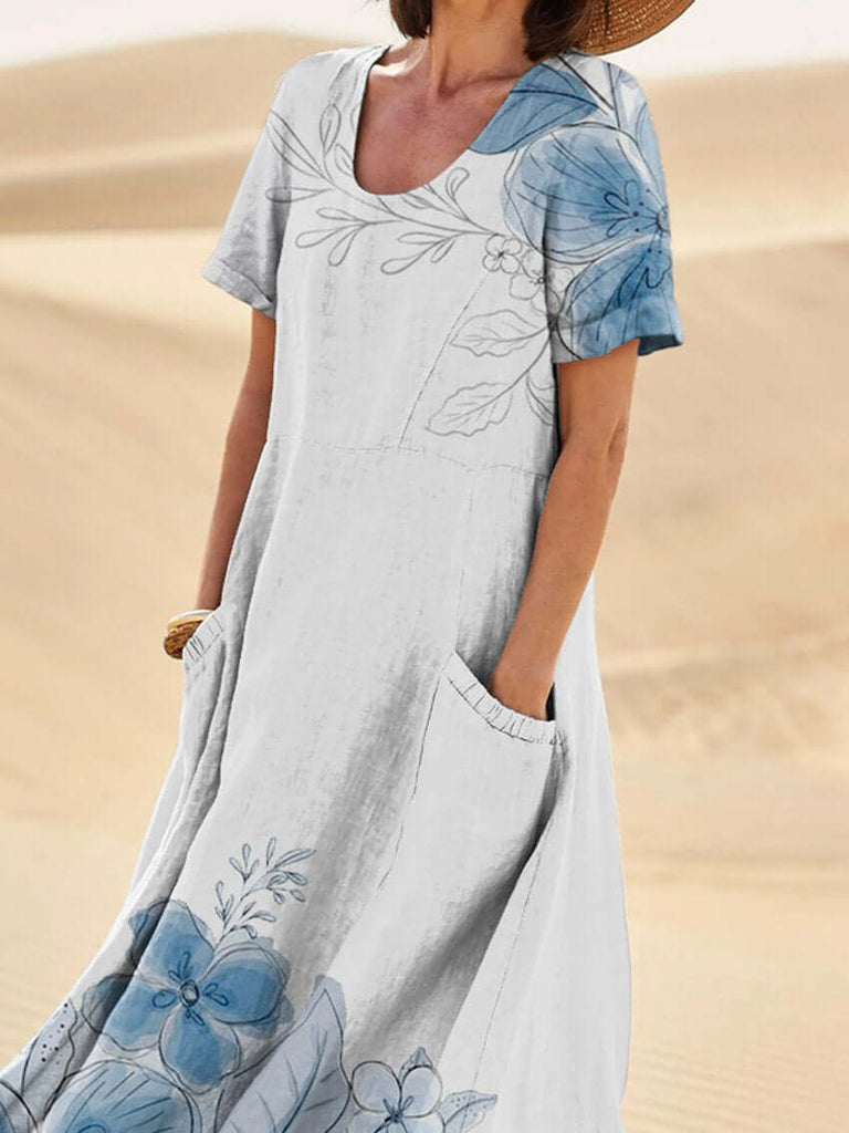 Watercolor And Sketch Floral Art Printed Women's Linen Pocket Dress-DESTINY