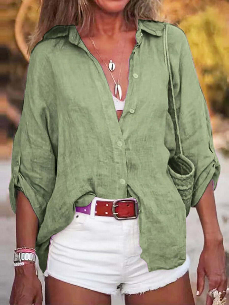 Women's Solid Color Cotton And Linen Loose Fit Shirt-DESTINY