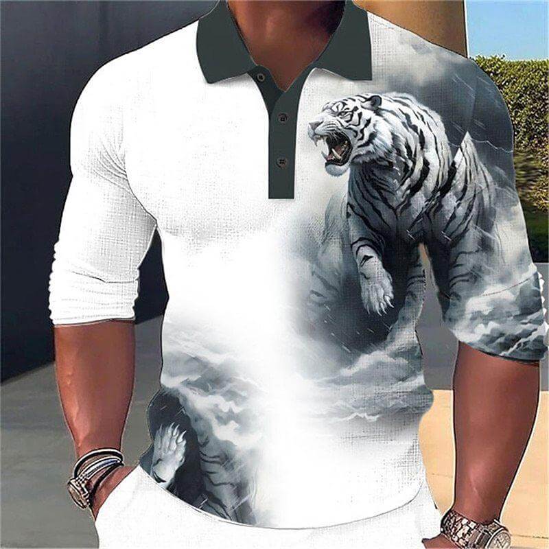 Men's Fashion Tiger 3d Printed Long Sleeve Polo Shirt 52588497YY-DESTINY