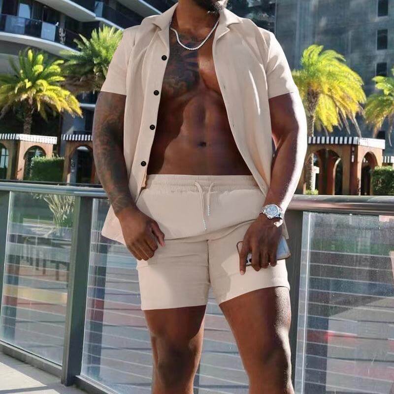 Men's Summer Lapel Short-sleeved Shorts Two-piece Casual Set 78027599L-DESTINY