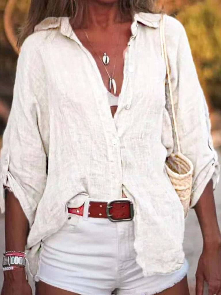 Women's Solid Color Cotton And Linen Loose Fit Shirt-DESTINY