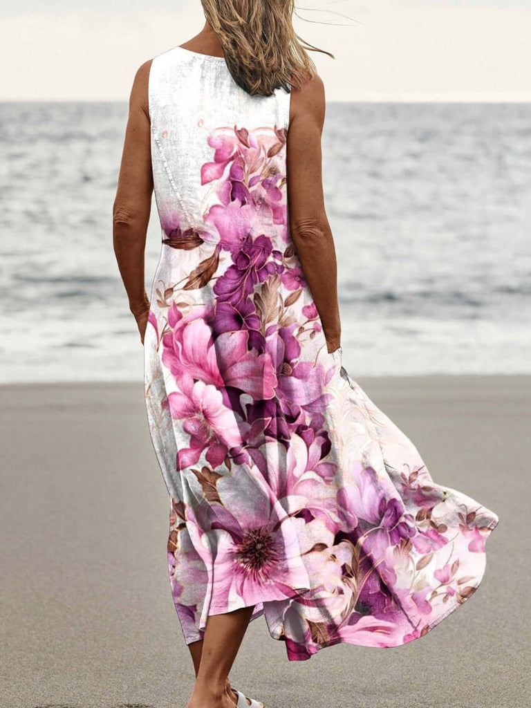 Women's Floral Art Print Casual Linen Dress-DESTINY