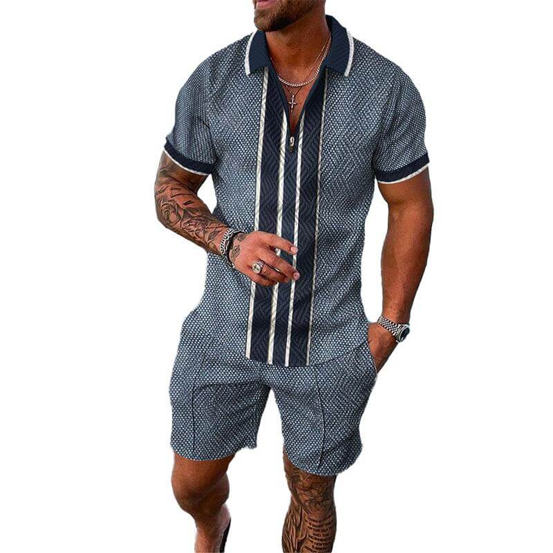 Men's 3D Printing POLO Shirt Lapel Zipper Short Sleeve + Casual Pants Set 12223148YM-DESTINY
