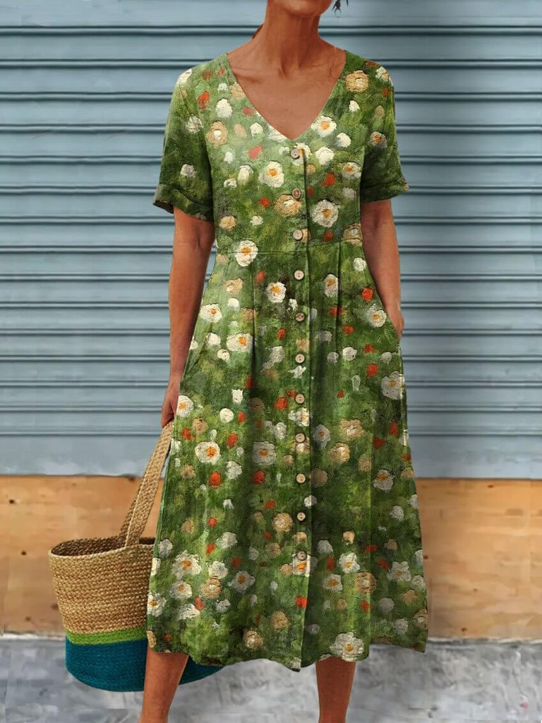 Flower Art Printed Women's Linen Pocket Tunic Dress-DESTINY