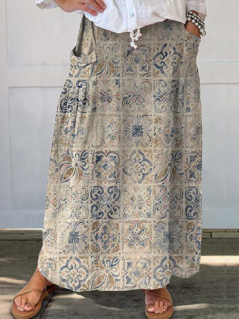 Women's Retro Floral Ethnic Art Print Casual Linen Pocket Skirt-DESTINY