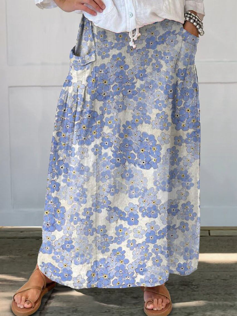 Small Floral Print In Blue Women's Linen Pocket Skirt-DESTINY