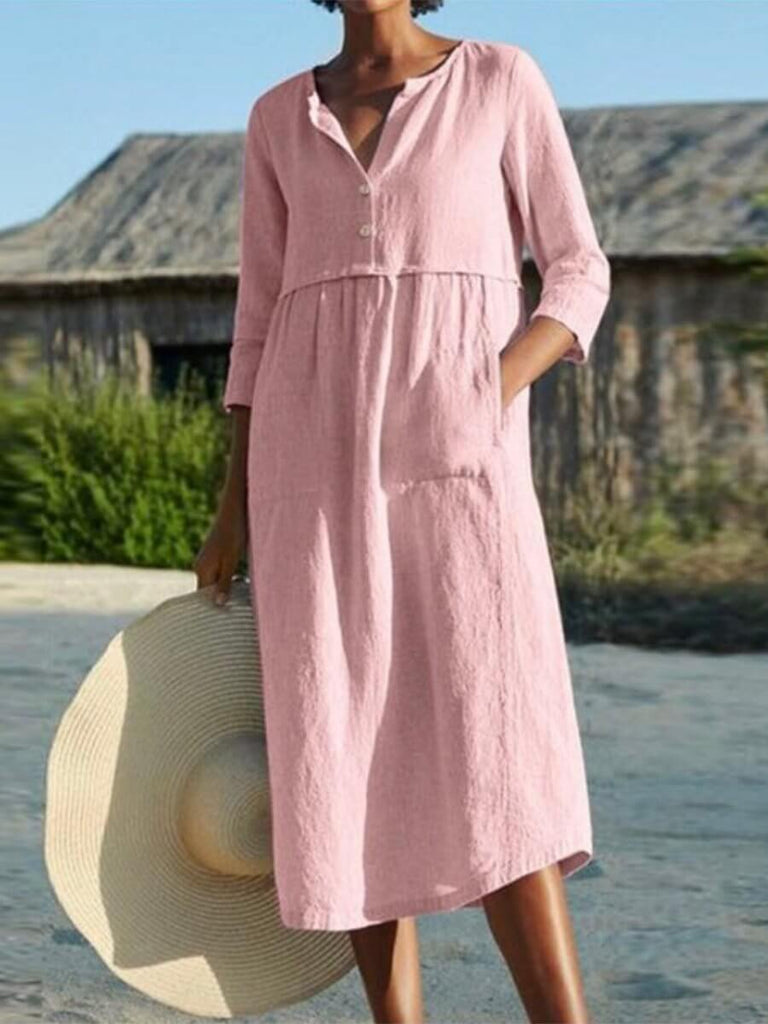 Cotton and Linen Mid-sleeve Dress-DESTINY