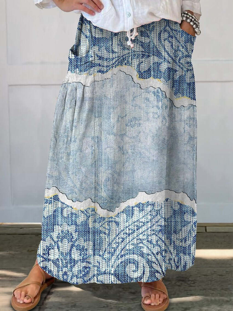Women's Denim Texture Casual Print Linen Elastic waistband Pocket Skirt-DESTINY