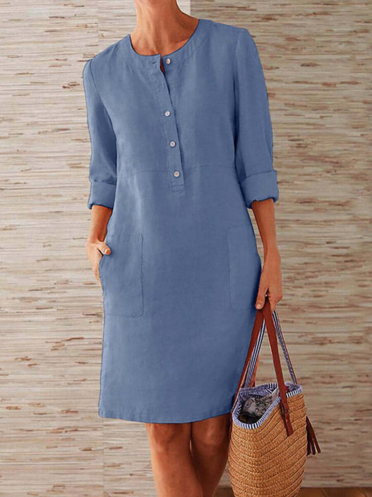Spring Cotton And Linen Round Neck Long Sleeve Dress-DESTINY