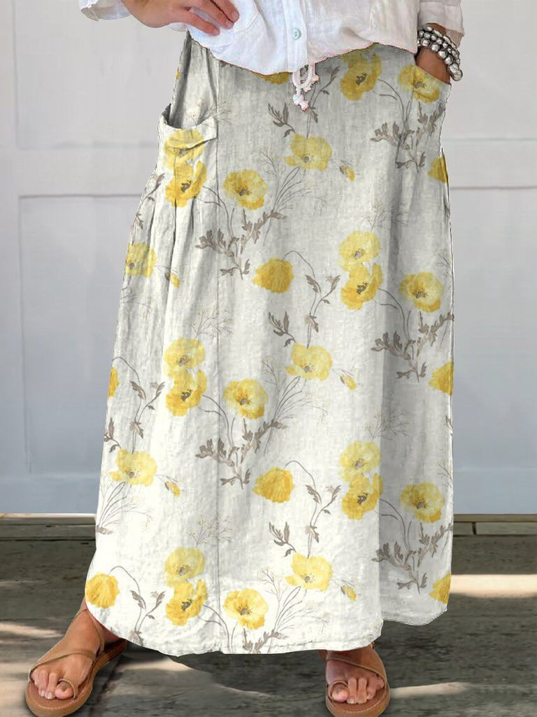Yellow Flower Print Women's Linen Elastic waistband Pocket Skirt-DESTINY