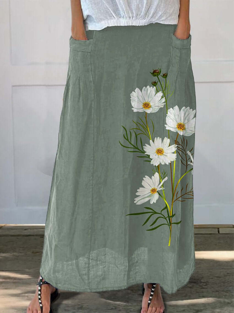 Spring White Daisy Floral Printed Women's Linen Pocket Skirt-DESTINY
