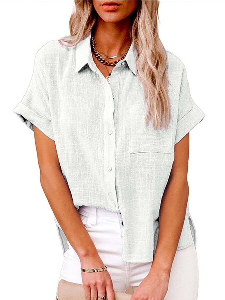 Women's Solid Color Button Down Short Sleeve Shirt-DESTINY