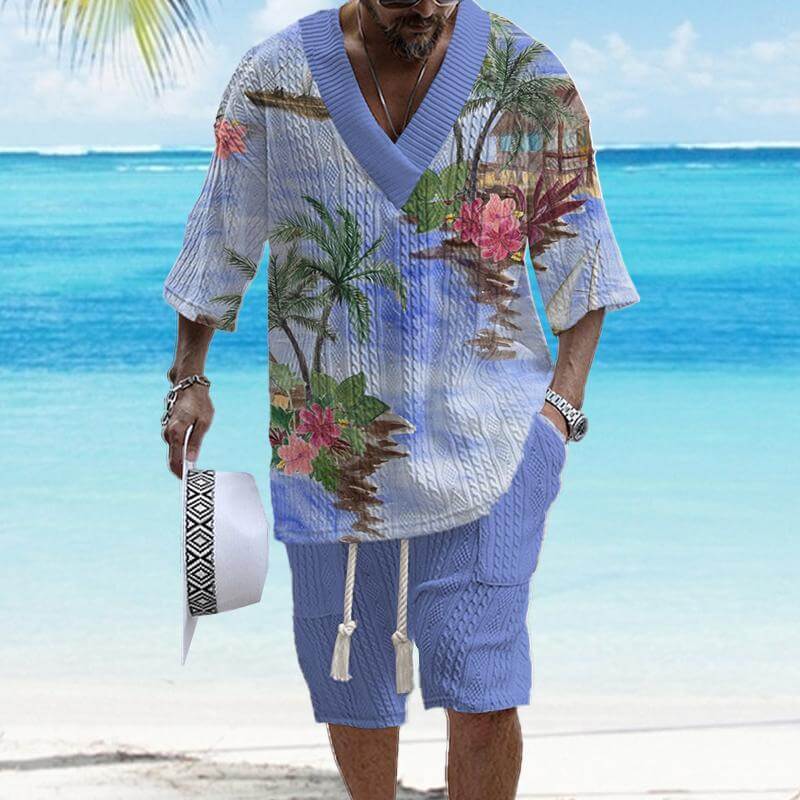 Men's Printed Short Sleeve Shorts Textured Set 41116575YY-DESTINY