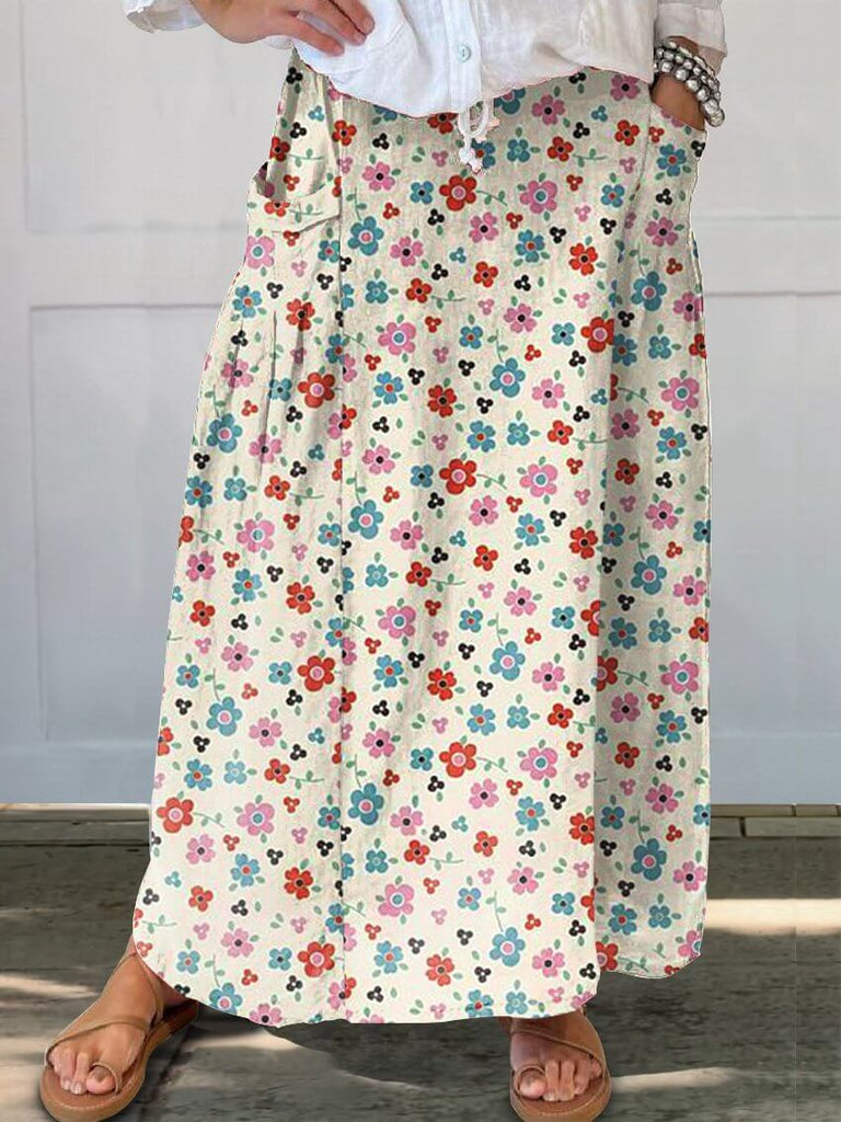 Women's Floral Art Print Linen Pocket Skirt-DESTINY
