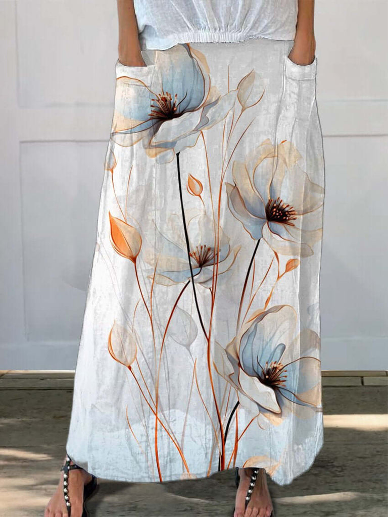 White Floral Art Printed Women's Linen Pocket Skirt-DESTINY