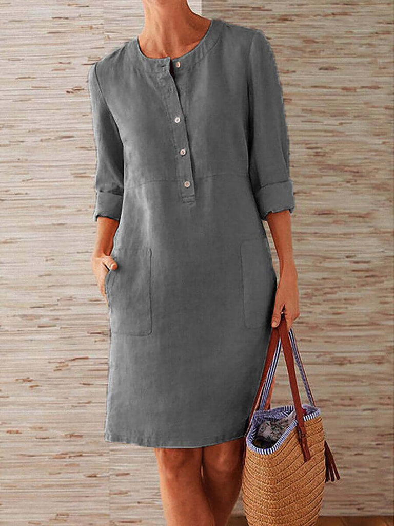 Spring Cotton And Linen Round Neck Long Sleeve Dress-DESTINY