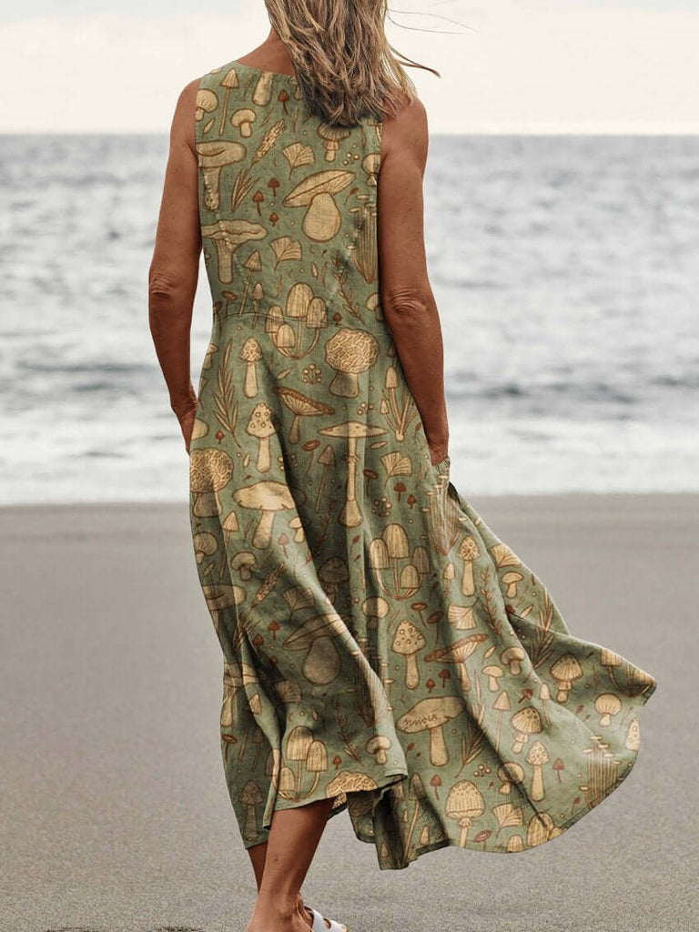 Assorted Wild Mushrooms Repeat Pattern Printed Women's Pocket Pinafore Linen Dress-DESTINY