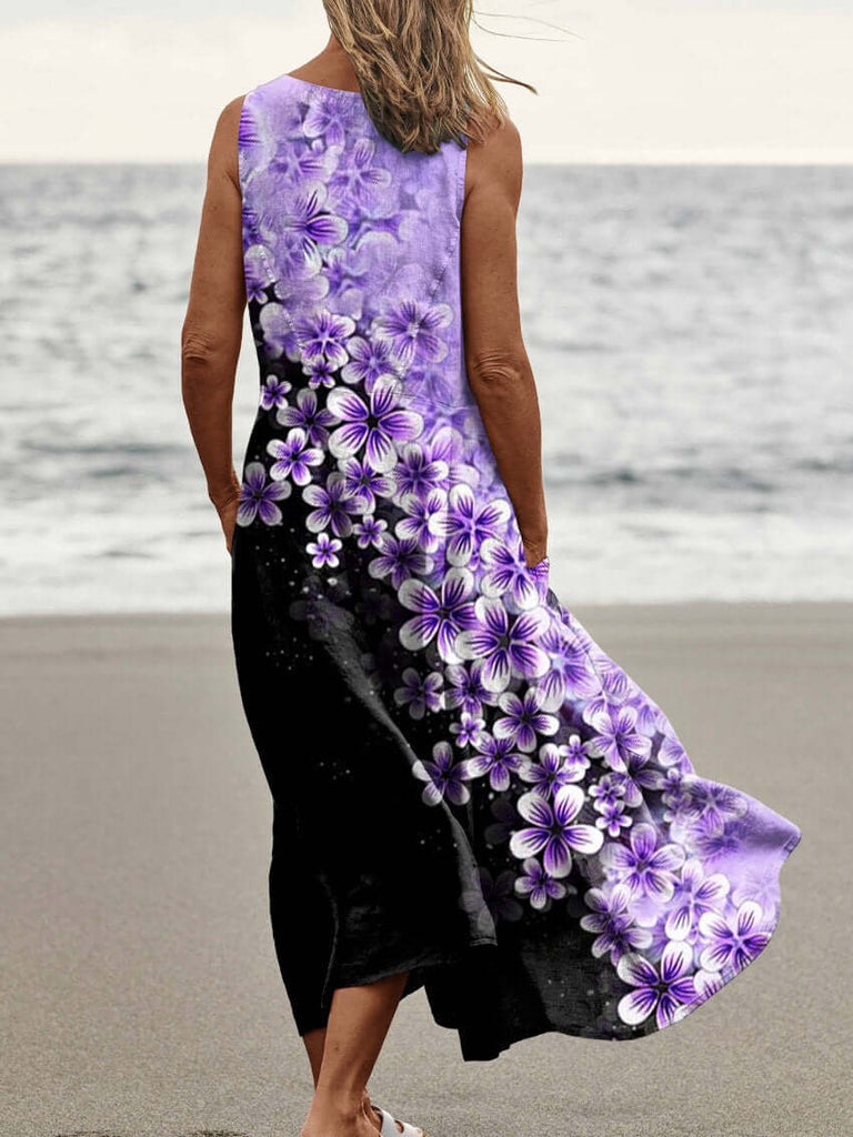 Women's Flower Art Print Casual Linen Dress-DESTINY