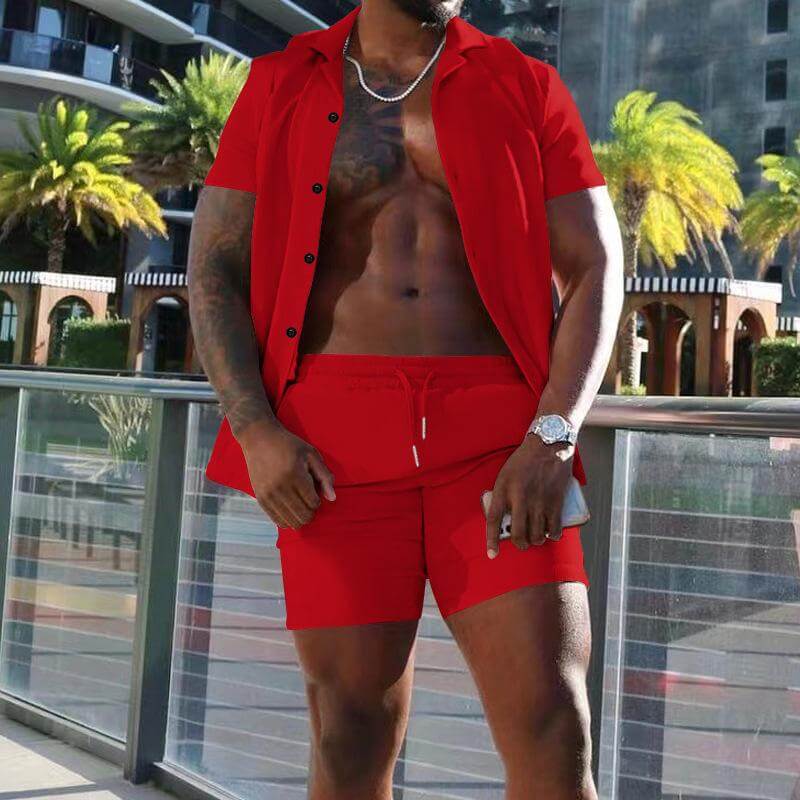 Men's Summer Lapel Short-sleeved Shorts Two-piece Casual Set 78027599L-DESTINY