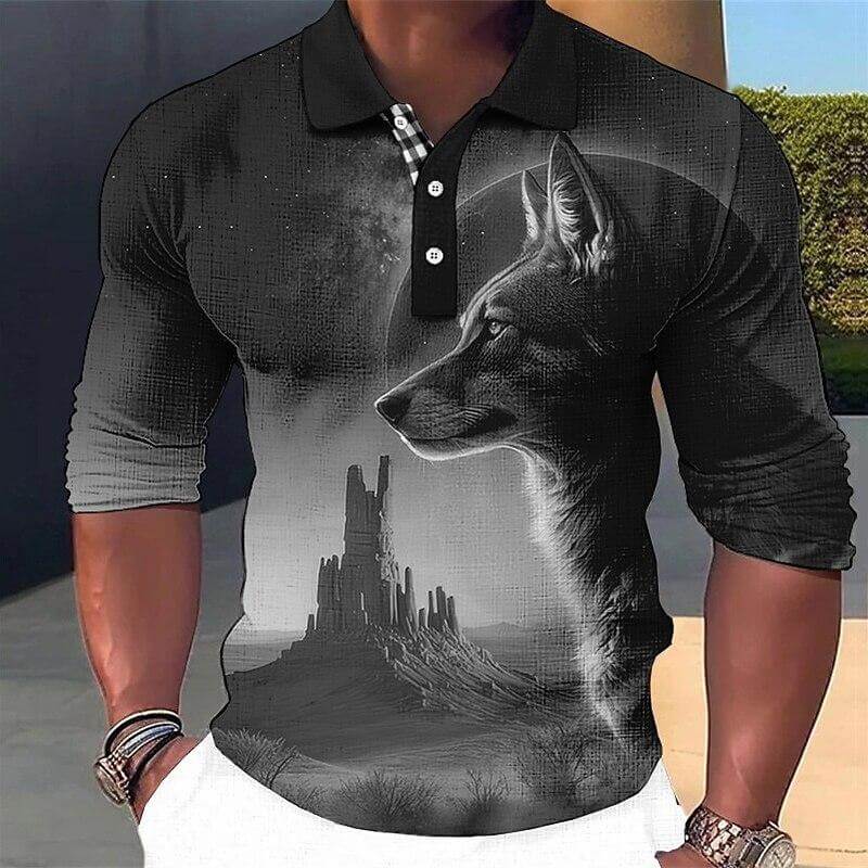 Men's Fashion Wolf 3d Printed Long Sleeve Polo Shirt 65969642YY-DESTINY