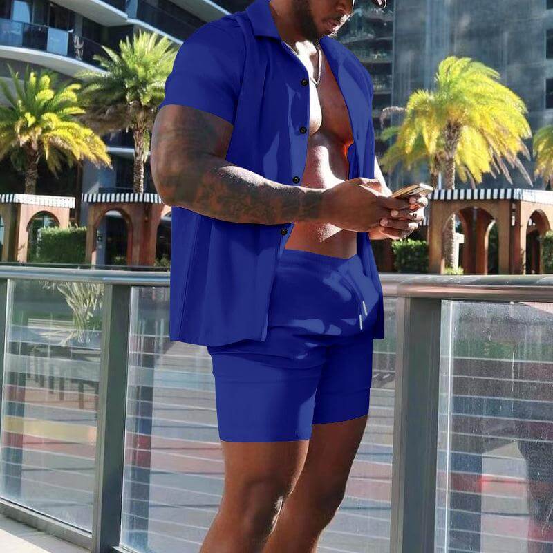 Men's Summer Lapel Short-sleeved Shorts Two-piece Casual Set 78027599L-DESTINY