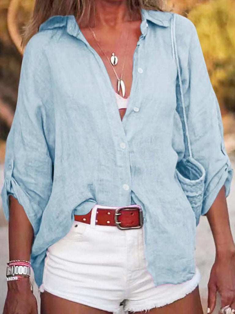 Women's Solid Color Cotton And Linen Loose Fit Shirt-DESTINY