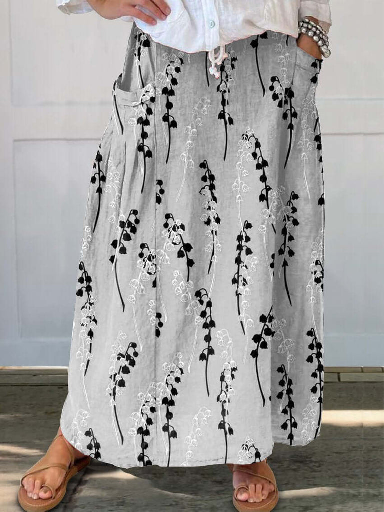 Women's Lily Of The Valley Art Print Linen Pocket Skirt-DESTINY