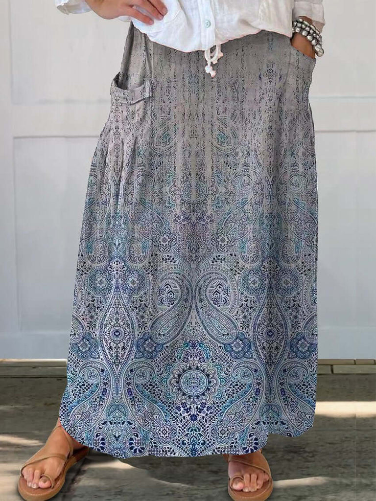 Women's Retro Elegant Ethnic Art Pattern Print Linen Pocket Skirt-DESTINY