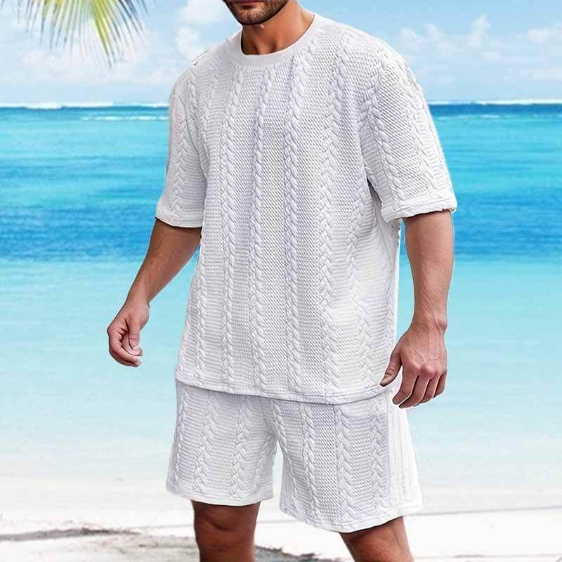 Men's 2 Pice Texture Solid Color Short Sleeve Top and Shorts Casual Sets 71127594YY-DESTINY