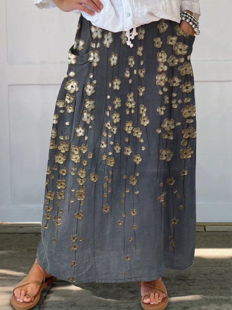 Gold Floral Print Women's Linen Pocket Skirt-DESTINY