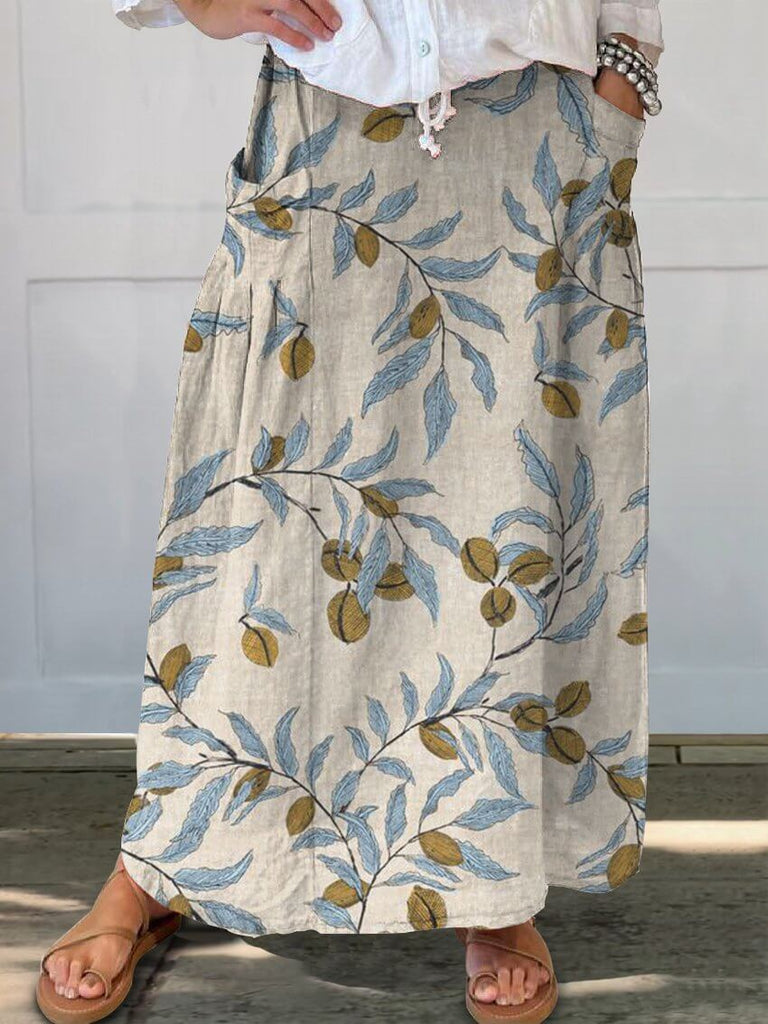 Vintage Vine Fruit Print Women's Linen Elastic waistband Pocket Skirt-DESTINY