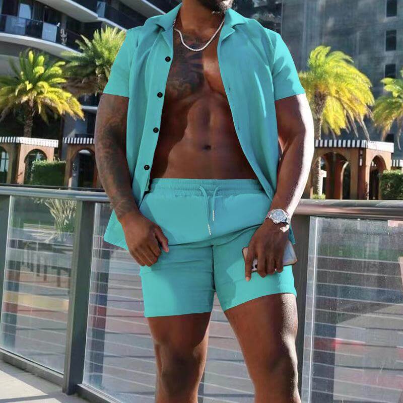 Men's Summer Lapel Short-sleeved Shorts Two-piece Casual Set 78027599L-DESTINY