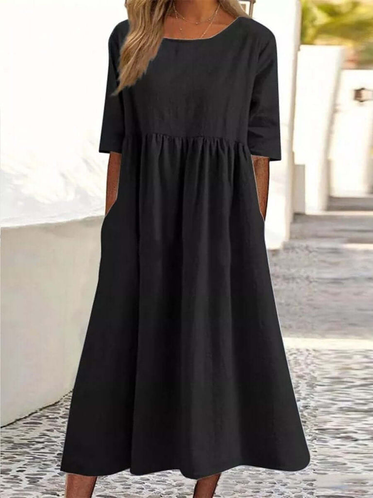 Cotton And Linen-like - Casual Short Sleeve Pocket Pleated Loose Round Neck Dress-DESTINY