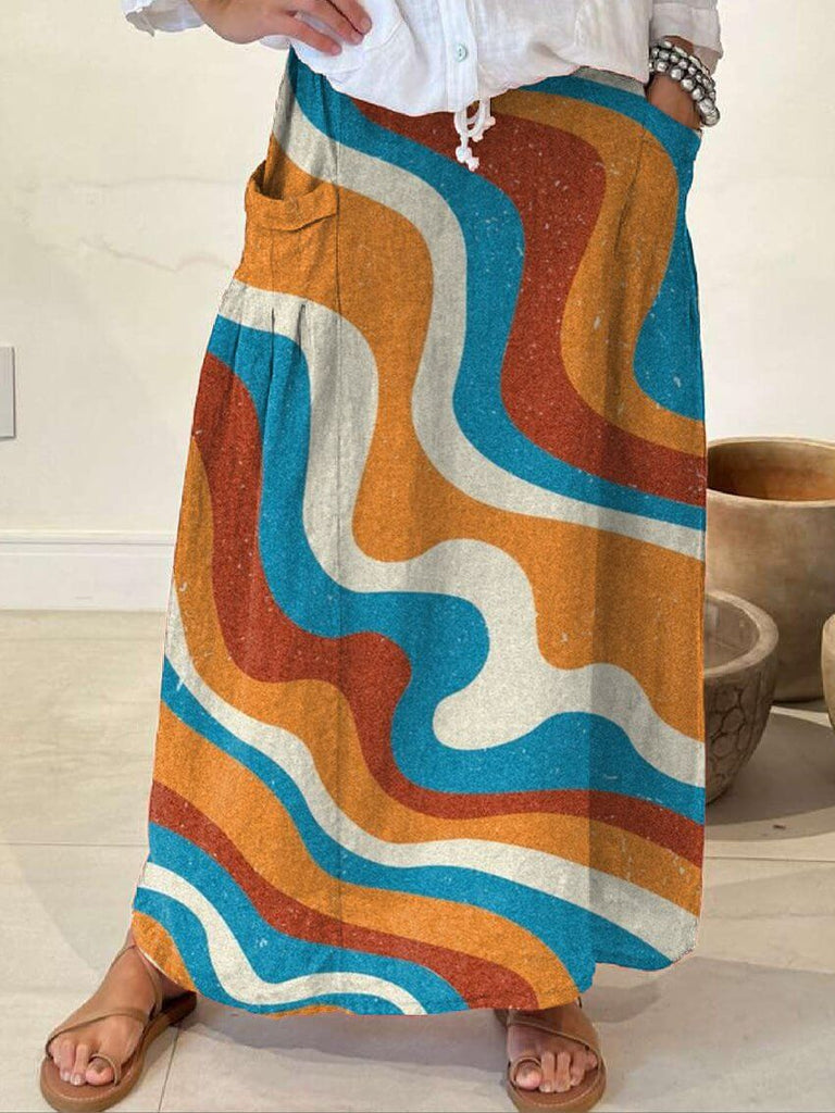 Women's Simple Color Splicing Casual Print Linen Pocket Skirt-DESTINY