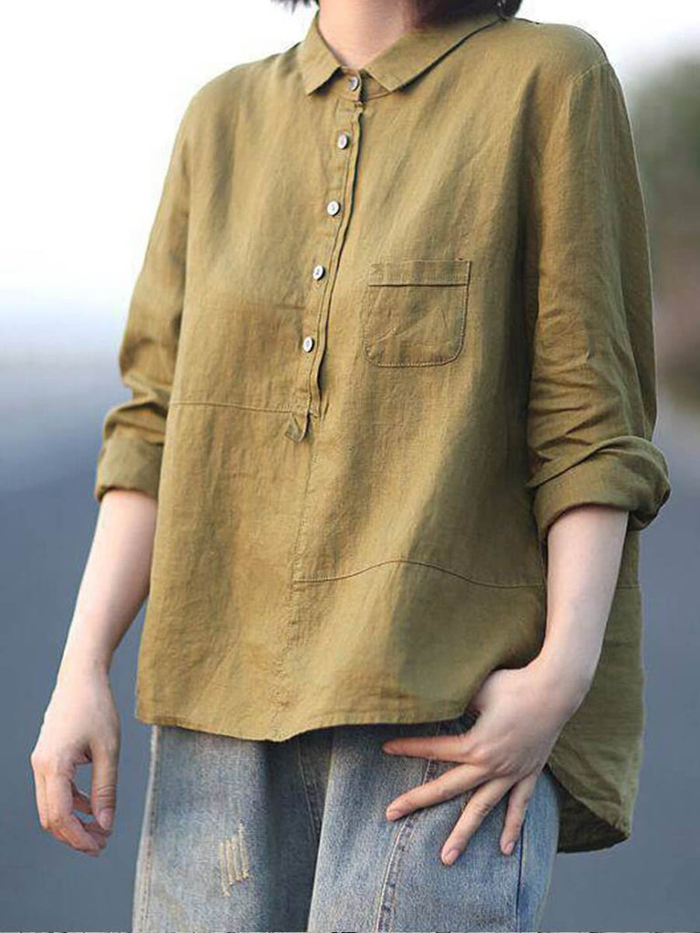 Women's Lapel Neck Casual Solid Colour Cotton And Linen Long Sleeve Shirt-DESTINY