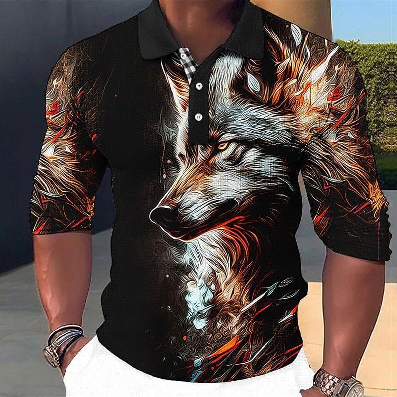 Men's Fashion Wolf 3d Printed Long Sleeve Polo Shirt 75661880YY-DESTINY