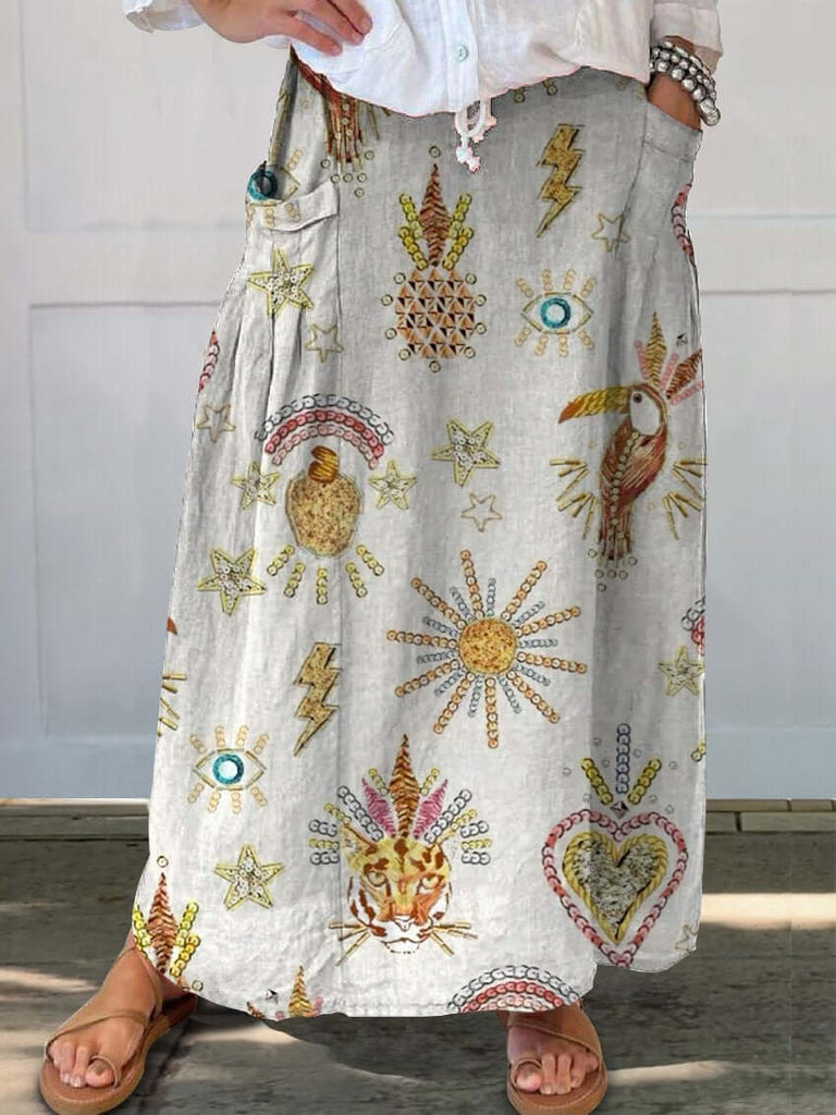 Embroidery Effect Tropical Summer Pattern Printed Women's Linen Pocket Skirt-DESTINY